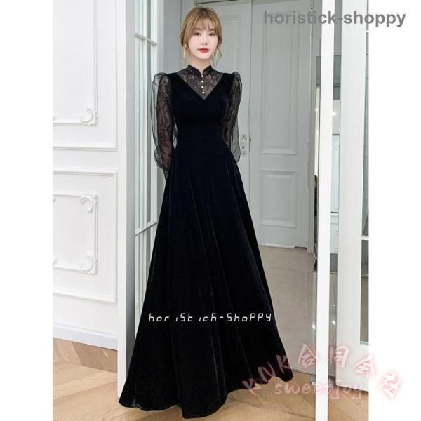 パーティードレス結婚式お呼ばれ袖ありロングKNK長袖シースルー袖ロングドレス黒大きいサイズ3L小さいサイズ韓国おしゃれ体型カバーで上品に見える_1