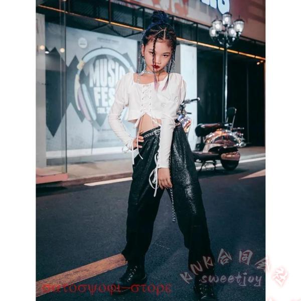 キッズダンス衣装セットアップへそ出しKNKパンツトップス黒白ヒップホップジャズダンスチアガール長袖長ズボンガールズブラックホワイト韓国風女の子_3