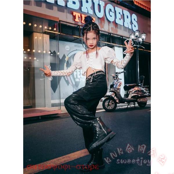 キッズダンス衣装セットアップへそ出しKNKパンツトップス黒白ヒップホップジャズダンスチアガール長袖長ズボンガールズブラックホワイト韓国風女の子_4
