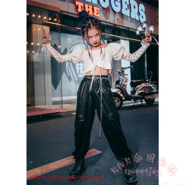 キッズダンス衣装セットアップへそ出しKNKパンツトップス黒白ヒップホップジャズダンスチアガール長袖長ズボンガールズブラックホワイト韓国風女の子_5