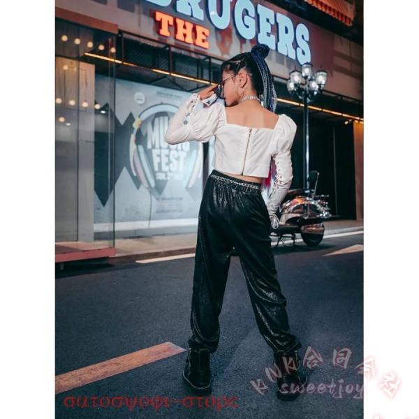 キッズダンス衣装セットアップへそ出しKNKパンツトップス黒白ヒップホップジャズダンスチアガール長袖長ズボンガールズブラックホワイト韓国風女の子_7