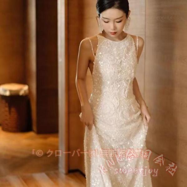 イブニングドレス ノースリーブ ホルターネック ロングドレス 白 スパンコール キラキラ 発表会 演奏会 結婚式 パーティー KNK ホワイト 上品 きれいめ 写真映え