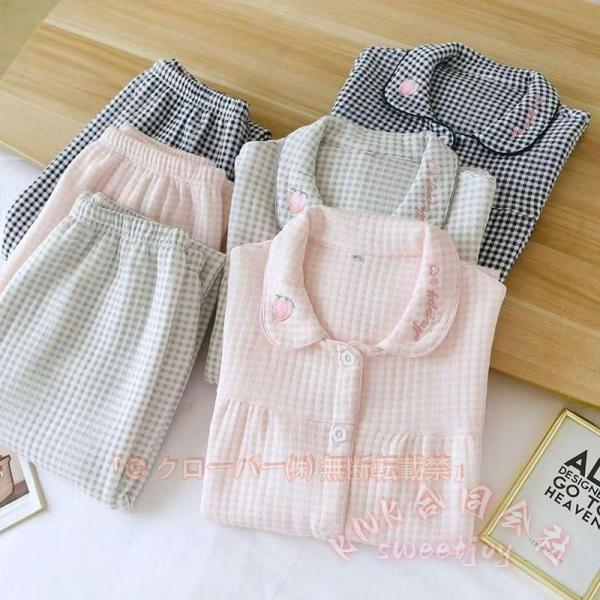 レディース 厚手パジャマ 中綿入り 2点セット KNK(株) ルームウェア 襟付き 前開き チェック柄 ウエストゴム 長ズボン ナイトウエア 部屋着 寝間着