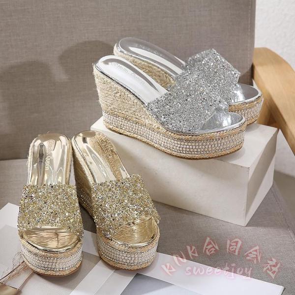 キラキラ サンダル レディース 厚底 ウェッジ 8cmヒール KNK(株） スパンコール ストーム付き 歩きやすい オープントゥ おしゃれ 快適 美脚 身長up 春夏