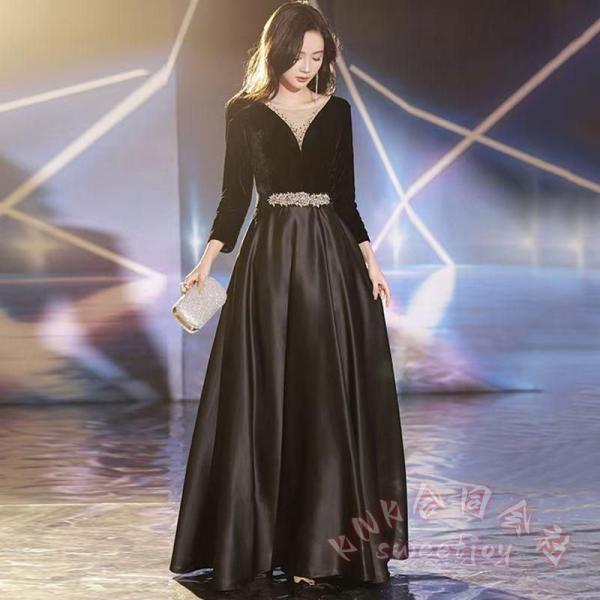 ドレス 大人 ピアノ発表会 ロングドレス 演奏会 結婚式 黒 長袖 KNK(株） パーティードレス イブニングドレス フォーマル ワンピース 上品 きれいめ 13,757円