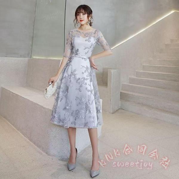 パーティードレス ミモレ丈 黒 グレー 5分袖 Aライン 袖あり KNK(株） 結婚式 二次会 お呼ばれ 30代40代 イブニングドレス 発表会 演奏会 上品 きれいめ