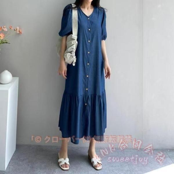 デニムワンピース レディース 無地 前開き KNK（株） フレア ゆったり おしゃれ きれいめ カジュアル 細見え 美シルエット 体型カバー ロング丈