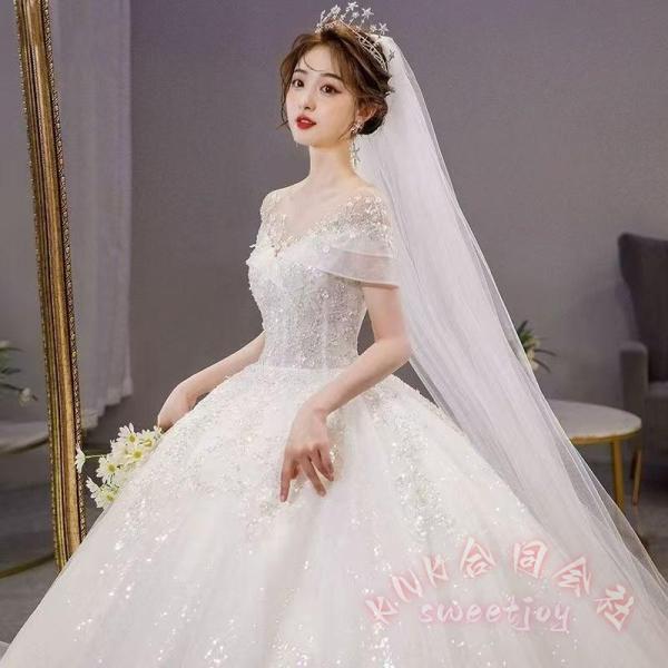 レディースウェディングドレスオフショルダーキラキラロングラインストーンホワイト結婚式二次会KNK(株）輝く花嫁を演出する豪華ロングドレス