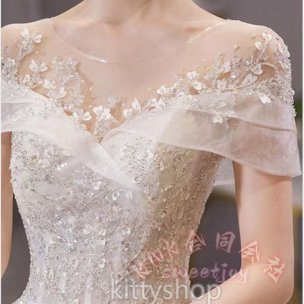 レディースウェディングドレスオフショルダーキラキラロングラインストーンホワイト結婚式二次会KNK(株）輝く花嫁を演出する豪華ロングドレス_4