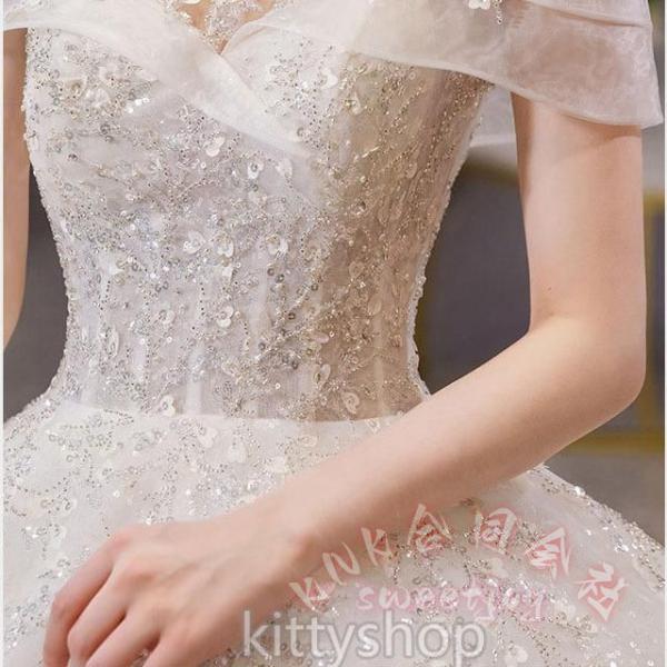 レディースウェディングドレスオフショルダーキラキラロングラインストーンホワイト結婚式二次会KNK(株）輝く花嫁を演出する豪華ロングドレス_5