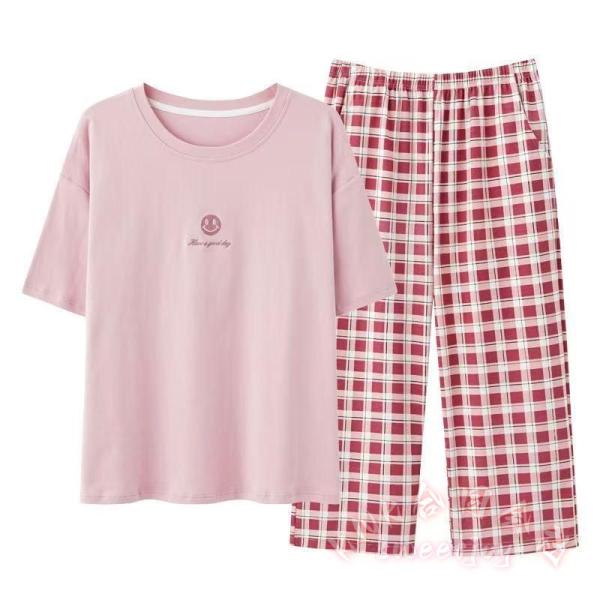 レディースパジャマ半袖七分丈パンツチェック柄上下セット大きいサイズ部屋着可愛いおしゃれKNK(株）ゆったり可愛いチェック柄でリラックスサマーパジャマ