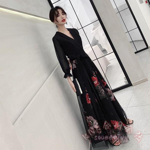 カラードレス イブニングドレス Aライン 黒 花柄 長袖 KNK(株） Vネック フォーマル カクテルドレス 発表会 演奏会 ゲストドレス 体型カバー 8,814円