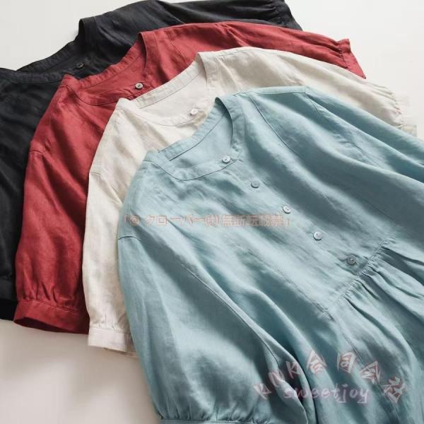 リネン100% シャツワンピース 春 夏 チュニックワンピ KNK(株) 麻 半袖 ロング フレアワンピース バンドカラー ゆったり リネン 夏 無地 ナチュラル
