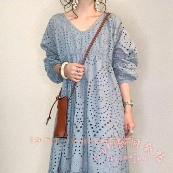 ワンピース レディース 透かしレース マキシ 長袖 夏 秋 KNK(株) 安い ゆったり 涼しい 着痩せ 韓国風 おしゃれ 体型カバー