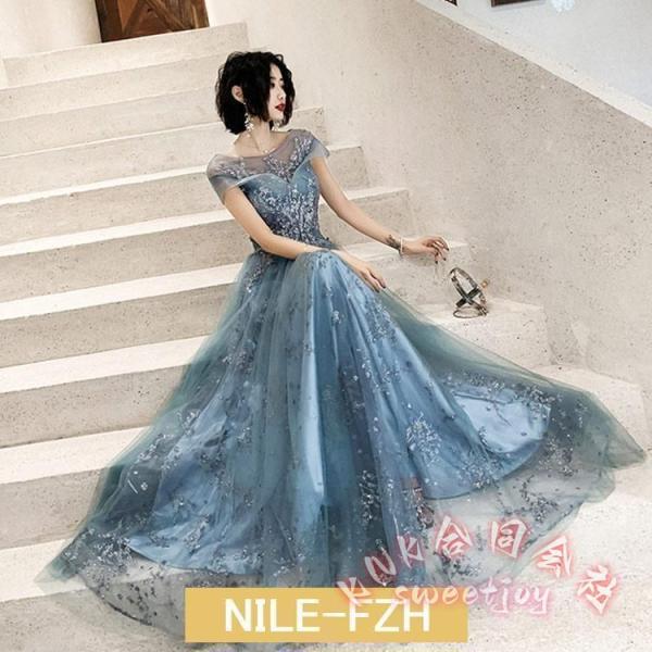 イブニングドレスロングドレススパンコールキラキラKNKブルーシャンパンゴールド発表会ドレス結婚式ドレス二次会パーティードレス上品華やか写真映え_1