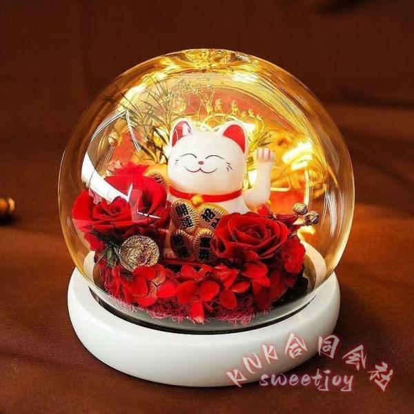 永生花 招き猫 プリザーブドフラワー 母の日 KNK(株） ガラスドーム 枯れない花 ナイトライト ギフトボックス付 誕生日 記念日 結婚祝い