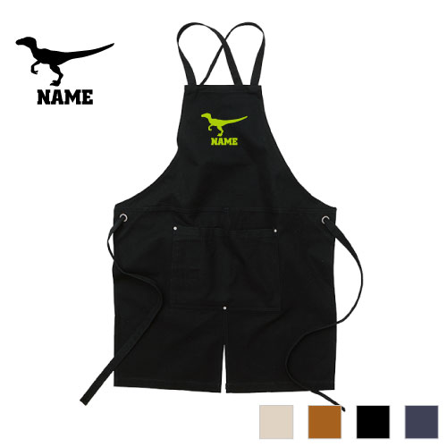 ヴェロキラプトル  名入れエプロン ウォッシュキャンバス ワークエプロン デニム インディゴ キャメル ブラック ナチュラル カフェエプロン 恐竜　化石　肉食　草食　雑食　海　陸 飲食店 喫茶店 作業用 母の日ギフト 店舗スタッフの通販は