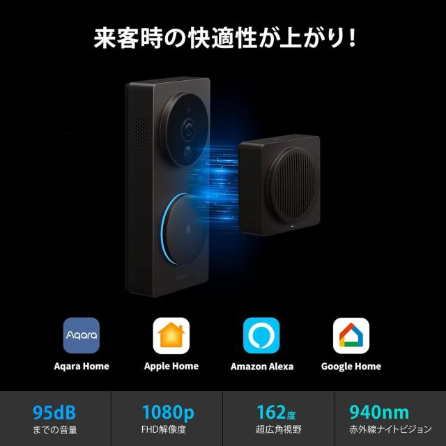 Aqara インターホン ドアホン ワイヤレス 工事不要 ビデオドアベル インターフォン スマホ連動 玄関 カメラ付き G4 Alexa HomeKit Google Home Siri 人感検出 双方向音声 一人暮らし セキュリティ 電池式 有線チャージ 両方通話 家族共有_2
