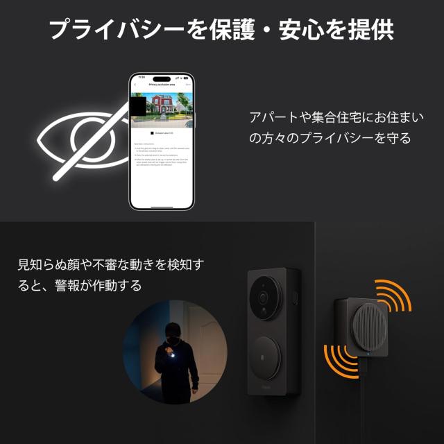 Aqara インターホン ドアホン ワイヤレス 工事不要 ビデオドアベル インターフォン スマホ連動 玄関 カメラ付き G4 Alexa HomeKit Google Home Siri 人感検出 双方向音声 一人暮らし セキュリティ 電池式 有線チャージ 両方通話 家族共有_5