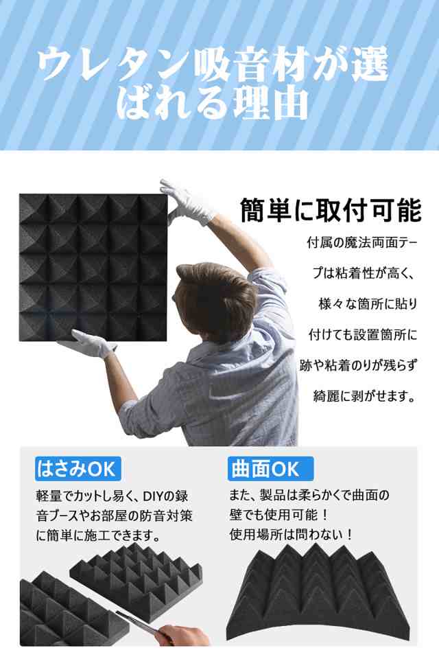 【送料無料】吸音材 防音材【60枚】防音 吸音 壁 賃貸 防音パネル 防音シート ウレタン吸音材 スポンジ 防音材 高密度 断熱 難燃 騒音防止 緩衝材 吸音マット 室内装飾 25CM×25CM×5CM 【両面テープ付き】 贈り物の通販は