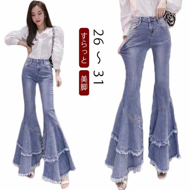 デニムフレアパンツ ハイウエストストレッチフレアパンツ デニム ロングパンツ ブーツカット デニム ダメージ加工 ウォッシ加工 ストレッの通販は 5,140円