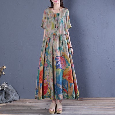 フローラル ワンピース 半袖 袖あり 花柄 ラウンドネック コットン 綿 マキシ丈 ミモレ丈 ロング Aライン ルーズウエスト ハイウエストの通販は 8,136円