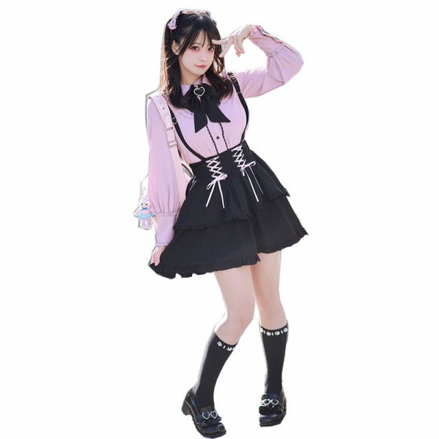 量産 地雷系 ロリータドレス 可愛い女の子 ピンク フライングスリーブ シャツストラップ ブラック サスペンダードレス ドレスセット韓国の通販は