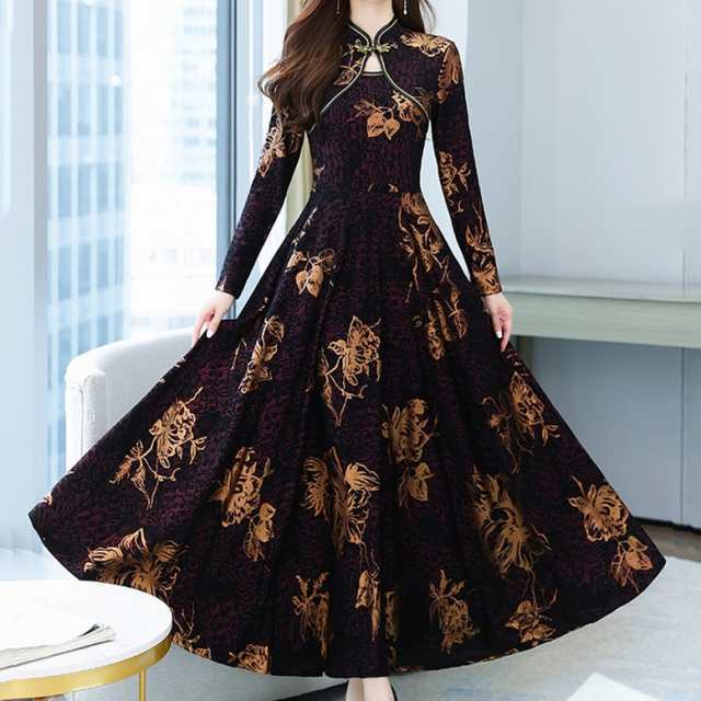 ドレス ワンピース レディース フレアワンピース オリエンタル チャイナ風ドレス エスニック ボヘミアン マキシワンピース 総柄 マオカラの通販は 5,899円