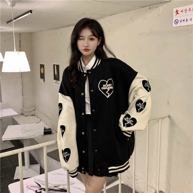 スタジャン ブルゾン ジャンバー レディース おしゃれ 大人可愛い 白黒 ホワイト ブラック モノトーン モノクロ 長袖 アウター S Ｍ 個性の通販は 6,100円