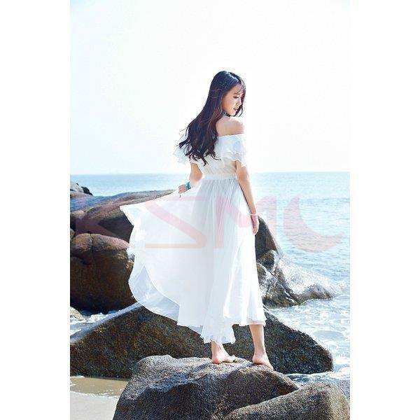 白いワンピース 夏 肩だし ロング ドレス マキシ丈 シフォン  