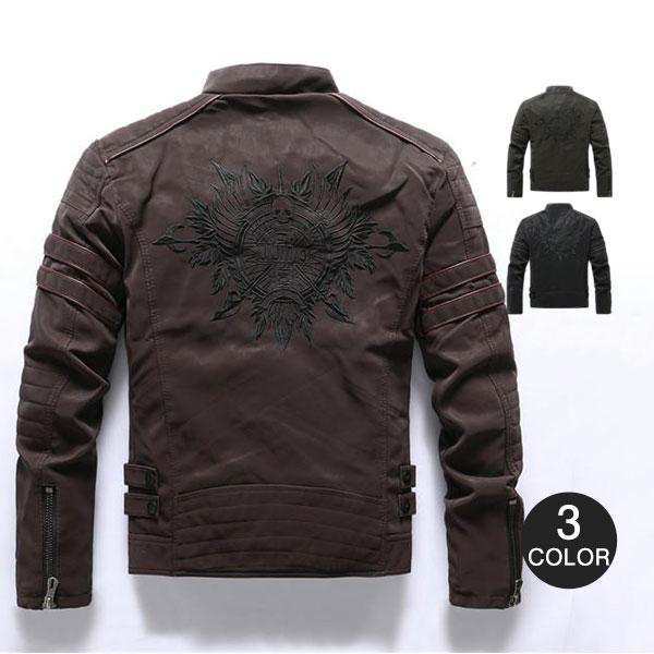 ライダースジャケット メンズ 革ジャン レザージャケット 刺繍 ドクロ 髑髏 バイク 裏ボア 裏起毛 防寒 PU 暖かい アウター 冬服 バイカ 7,568円