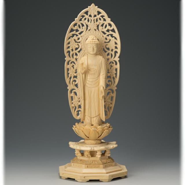 白檀　六角台　金泥書　舟立弥陀　唐草光背（標準）　6寸 総白檀 六角台座ケマン付 舟立弥陀 唐草光背 5.0寸 金泥書 仏壇