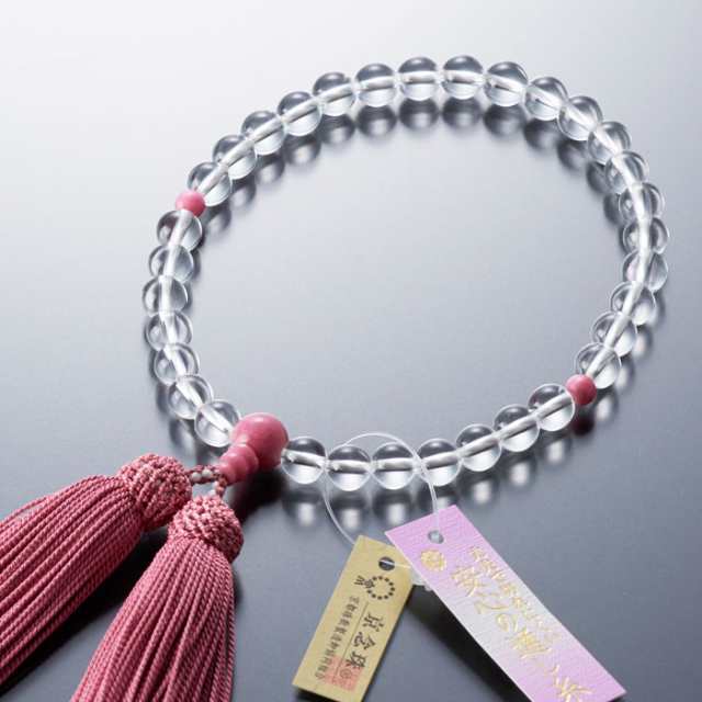 念珠 数珠 京念珠 水晶 8mm バラ輝石 ロードナイト 仕立 正絹頭付房 薔薇 バラ貴石 桐箱  墓参り  お数珠  お葬式  お盆  パワーストーン  女性用