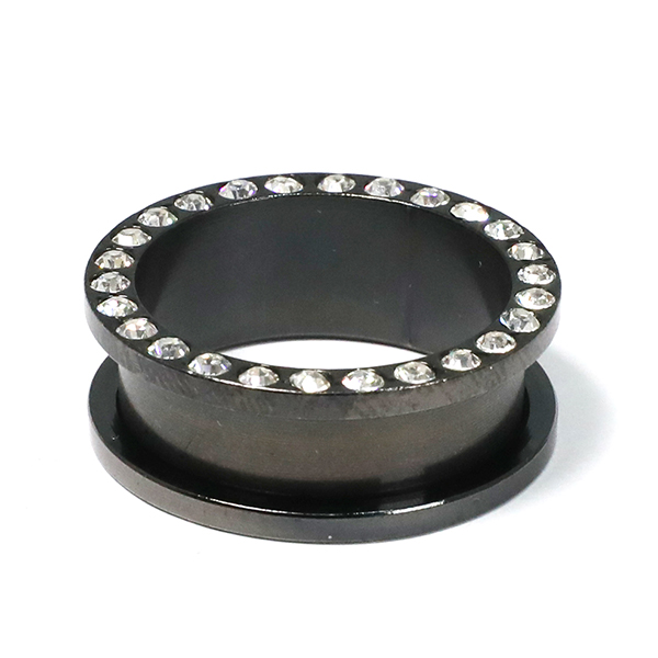 メール便 送料無料 フレッシュトンネル ブラック ラインストーン付 31/32inch(24mm) サージカルステンレス316L BLACK カラーコーティング加工 ボディーピアス ゴージャス イヤーロブ 24ミリ ┃_1