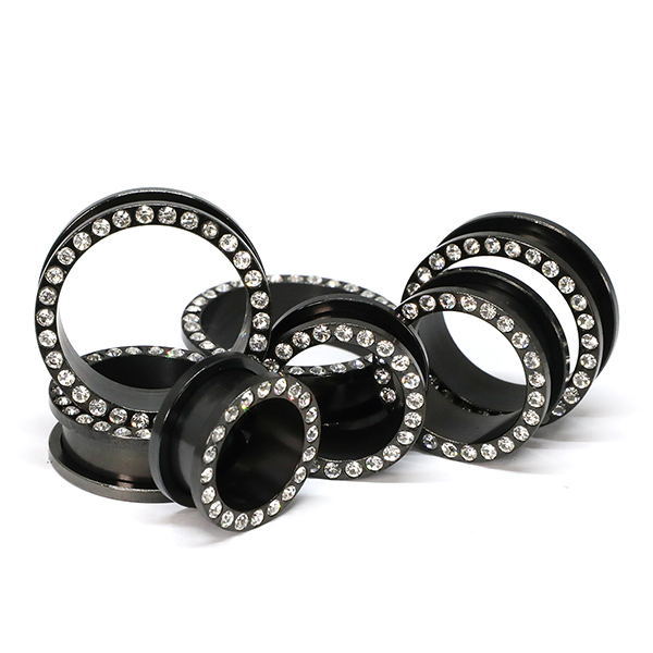 メール便 送料無料 フレッシュトンネル ブラック ラインストーン付 31/32inch(24mm) サージカルステンレス316L BLACK カラーコーティング加工 ボディーピアス ゴージャス イヤーロブ 24ミリ ┃_3