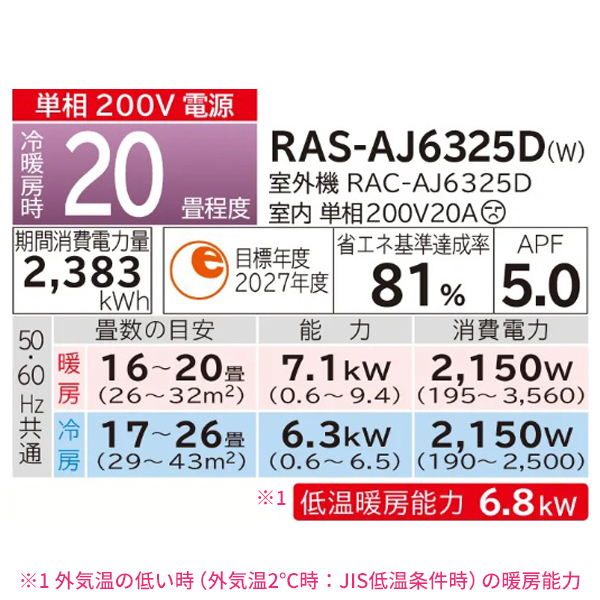 エアコン 20畳 【HITACHI 日立】白くまくん 2025年モデル AJシリーズ ＜RAS-AJ6325D＞ 6.3kW （200V・20A・室内電源) コンパクトサイズ 内部送風乾燥運転 タイマー シーズン前自動点検 暖房 冷房 ソフト除湿 20畳用 クーラー ルームエアコン 取付工事対応可 (代引不可)