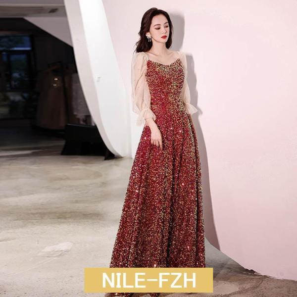 結婚式ドレス 二次会ドレス ワイン赤 ロング丈 キラキラ スパンコール