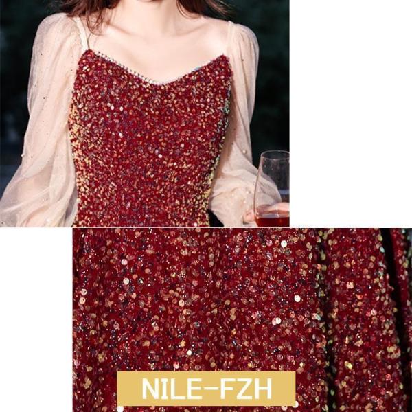 結婚式ドレス 二次会ドレス ワイン赤 ロング丈 キラキラ スパンコール