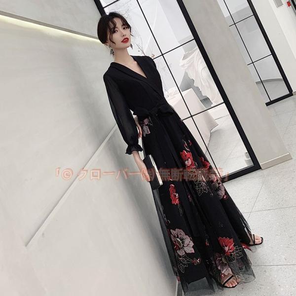 カラードレス パーティードレス イブニングドレス Aラインドレス 黒 花