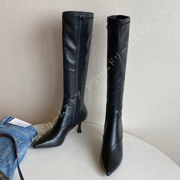 革 ロングブーツ レディース 黒 ピンヒール 痛くない 脚長効果