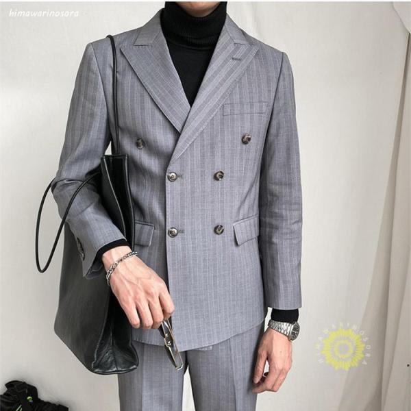 2点セット ジャケット+パンツ ダブルボタン ストライプ柄 ダブルスーツ メンズ 2ピーススーツ クローバー株式会社 6つボタン 結婚式 オールシーズン カジュアルスーツ 2点セット ジャケット パンツ ダブルボタン ストライプ柄 ダブルスーツ