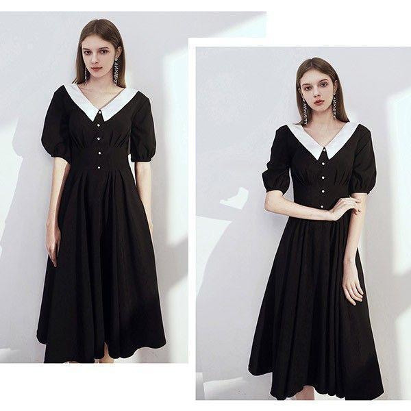 ドレス レディース ミディアムドレス ミモレ丈 演奏会 黒 ドレス