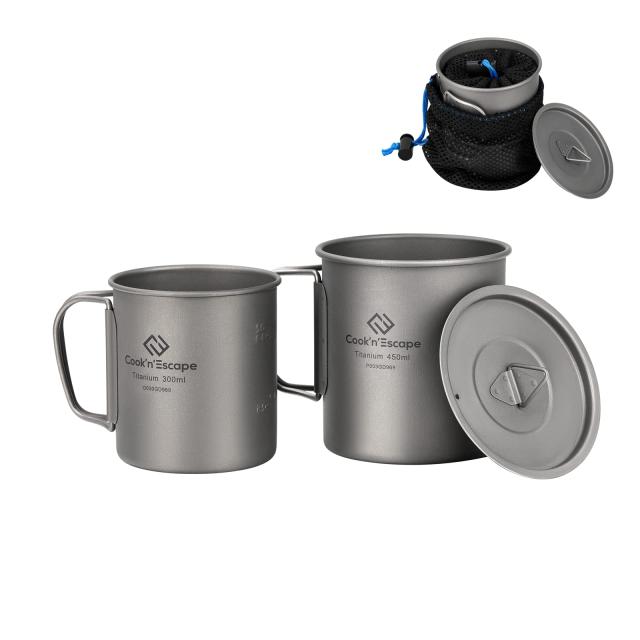 チタンマグ セット 300ml+450ml 軽量 頑丈 直火 シングルマグ アウトドアマグカップ 折りたたみハンドル 専用収納袋付の通販は 5,605円