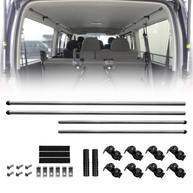 200系ハイエースSGLにぴったりのシリーズサイドバー。職人やアウトドア派にぴったりの車内キャリアで脚立やロッドホルダーも収納可能。キャンプ、