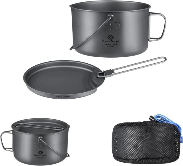 チタン クッカー 吊り鍋 1950ml 大容量 2点セット ポット フライパン キャンプ用品 アウトドア食器 収納袋付き