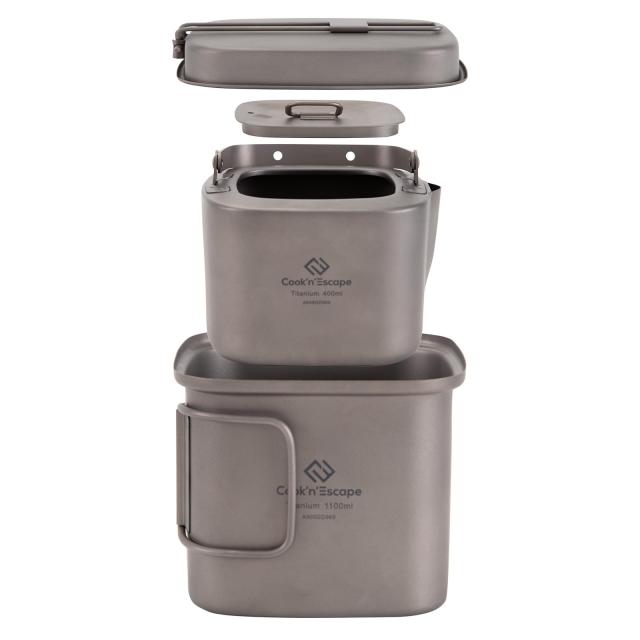 角型 チタンクッカー+ケトルセット 1100ml＋300ml＋400ml 3点セット キャンプクッカーセット アウトドア 収納袋付き