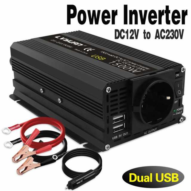 車 インバータ 電源インバータ 12v 220v 50 60hz 1500W ピーク電源 2 usb eu ac 12v 220v