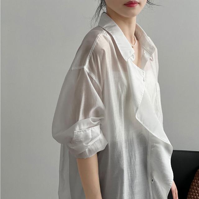 春新作 レディース長袖シアーデニムシャツブラウス ロング丈ワンピ 韓国ファッション 春秋冬 トップス ホワイト グリーン ブラック