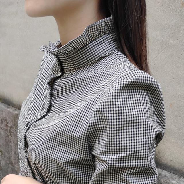 レディースギンガムチェックデニムスタンドカラー長袖シャツブラウス 韓国ファッション 春秋冬コーデ 通勤カジュアル フェミニントップス