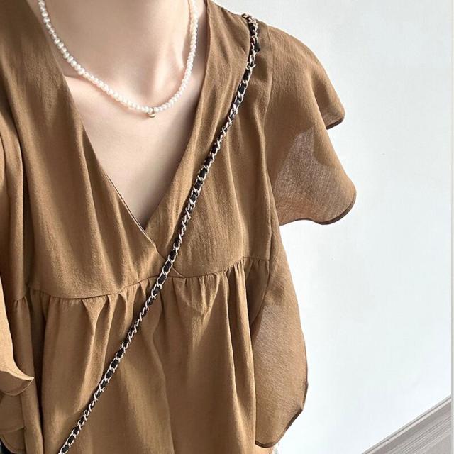 ノースリーブカットソー レディース 大人可愛い 韓国ファッション フリル 背中開き 薄手 シンプル ブラウン 春夏 20代30代40代